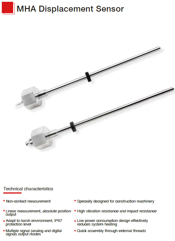 YUMO MHA Series Magnetostrictive Linear Position Sensors For Mobile Hydraulics Analog/CAN Bus Output